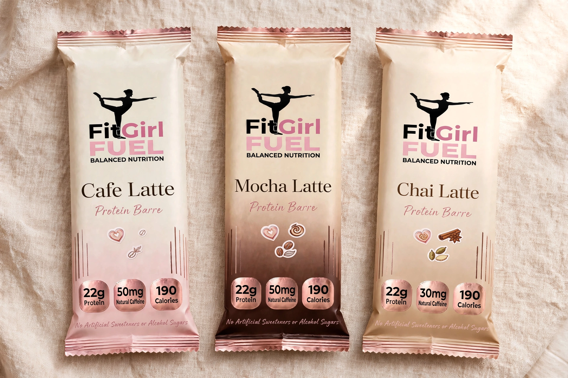 All three FitGirl Fuel flavors: Cafe Latte, Mocha Latte, and Chai Latte protein bars